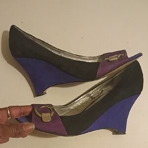 Anne Klein Black and Purple Suede Wedge Peep-Toe Pumps